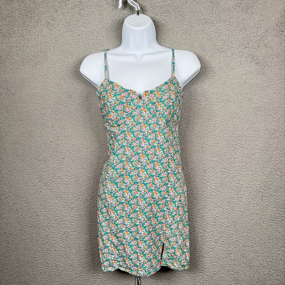 Aeropostale Dress Women M Green‎ Floral Mini Sundress Linen Babydoll Lace Up Y2K